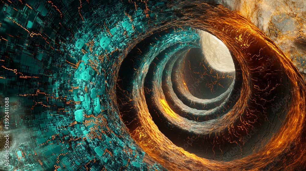 Poster abstract swirling teal and orange digital tunnel, creating a dynamic and futuristic visual, showcasi