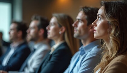 Group business people seated row conference listen presentation. Focused attendees look at speaker. Professional individuals at corporate event, seminar, workshop office team. Education, training,