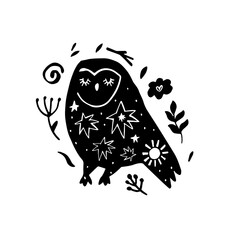 Whimsical Folk Art Owl Silhouette with Floral Elements. Hand-Drawn Botanical Owl Illustration