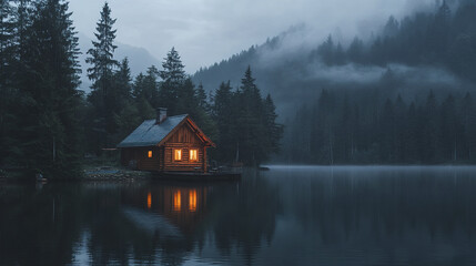 Fototapeta premium cozy wooden cabin glows warmly by misty lake surrounded by tall pine trees