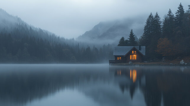 wooden cabin glows warmly by misty lake, surrounded by forested mountains
