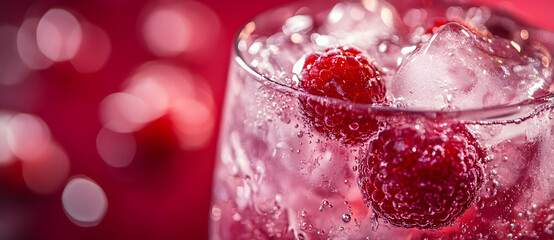 Close up of raspberry drink with ice in a glass
