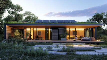 Obraz premium Modern eco friendly house with green roof and solar panels at sunset
