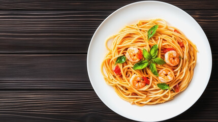 Aerial view of a delicious shrimp scampi pasta with fresh tomatoes and garlic on a charming serving plate