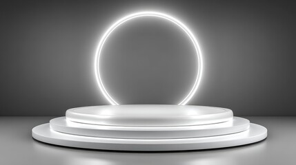 The background of this image is a 3D render of technological elements and innovation, with a power podium standing alone on an empty stage, embodying a sci-fi idea or concept