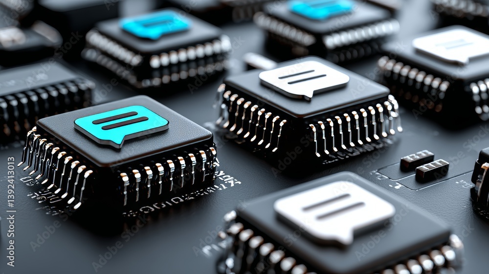 Poster on a microchip, the text technology concept is shown with an sms symbol, and a 3d render illustrates