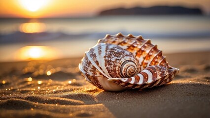 Close-up of a patterned seashell on sandy beach during sunset with bokeh light effects.