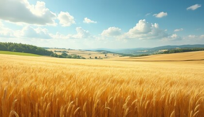 Obraz premium Panoramic landscape golden wheat field on sunny summer day. Scenic rural view of nature. Farm crops ready for harvest under blue sky. Agriculture countryside panorama with horizon and green forest.