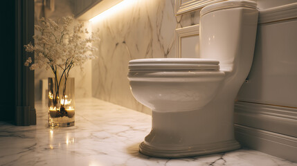 Revel in the pristine allure of a white toilet showcased in a luxurious spa bathroom that exudes serenity.