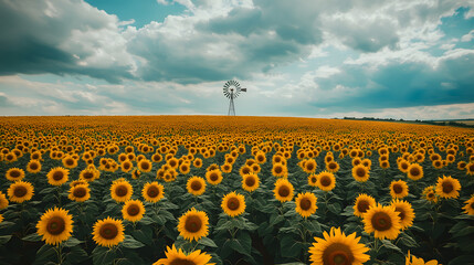 Obraz premium sunflower, field, flower, nature, sky, agriculture, yellow, summer, sun, plant, sunflowers, blue, meadow, farm, growth, leaf, rural, sunny, color, bright, blossom, landscape, beauty, flowers, crop