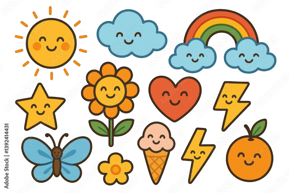 Poster cheerful elements collection with smiling sunshine and nature icons