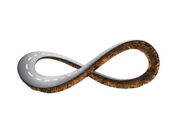 Infinity symbol road in adventure route concept. Earth land with asphalt driveway isolated on white background. 3d illustration of infinity road or never ending road design advertisement.