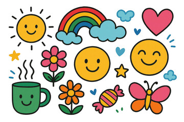 Fototapeta premium Cheerful Elements Collection Featuring Smiley Faces and Nature Icons