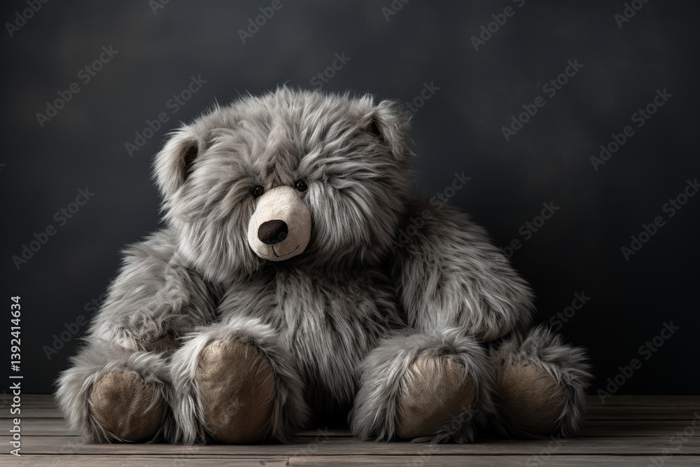 Poster close up of a plush toy on a glossy dark wooden table with a simple gray background