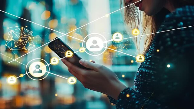 Woman using smartphone in urban setting with digital network and social media icons overlay - Powered by Adobe