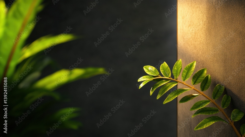 Poster minimalist biophilic design vibrant green botanical texture illuminating dark architectural space - 