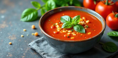Hearty soup in gray bowl with fresh tomatoes and basil garnish , herbs, summer