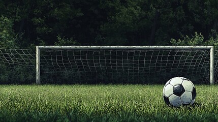 Soccer ball near goal, field, forest, evening, game