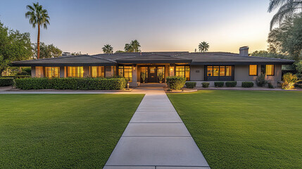 Elegant home with expansive front yard and manicured lawn at sunset