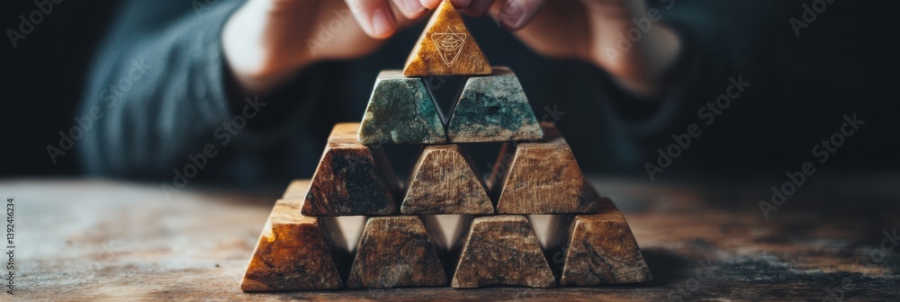Aufkleber mindful strategy visualization holistic wellness pyramid building with textured wooden blocks - inno