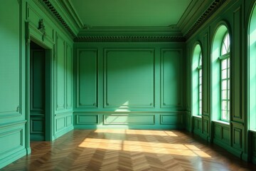 High ceiling interior with elegant green walls and intricate molding panels, high ceiling decor, serene ambiance