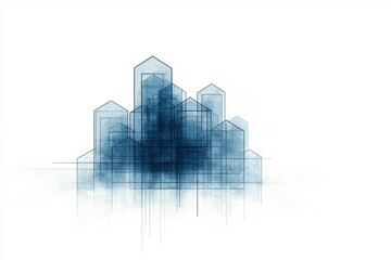 Fototapeta premium Abstract architectural design with blue outlines, featuring a cluster of stylized buildings against a minimalist background.