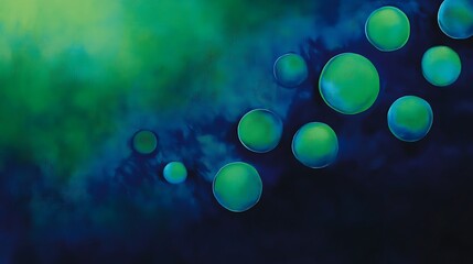 A vibrant abstract composition featuring a rich blend of blue and green hues with circular shapes that gradually increase in size and prominence, creating a sense of depth and movement