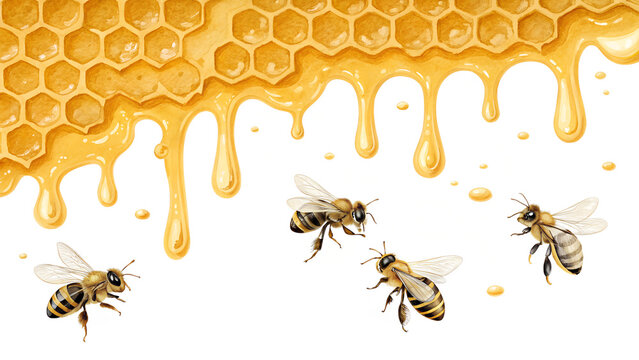 Bees flying near a honeycomb with dripping honey on a transparent background.