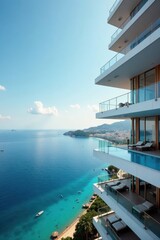 Obraz premium High-rise building with sleek, modern design and rooftop infinity pool overlooking the Mediterranean Sea, luxury lifestyle, modern architecture