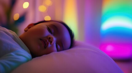 Relaxing child sleeping peacefully, cozy indoor setting with soft lighting, calming ambiance, showcasing serenity and comfort.