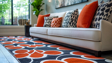 A modern interior design showcases an orange sofa with floral pillows atop a white rug. The pattern adds charm.