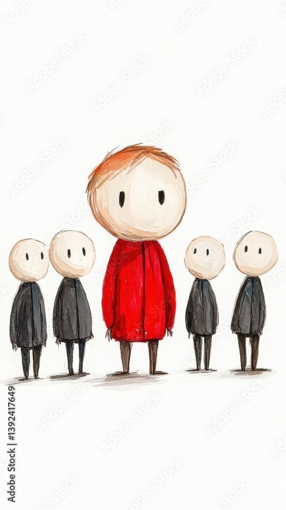 Poster a whimsical illustration showing a distinct character in a red outfit standing out among four others