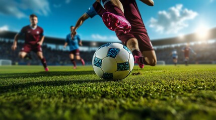 Fototapeta premium Soccer player kicks ball; stadium, game, action