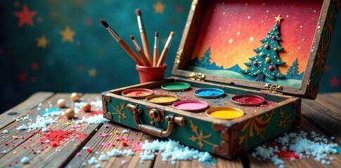 Fototapeta premium Holiday-themed art box filled with colorful paints and brushes, glue sticks, paints