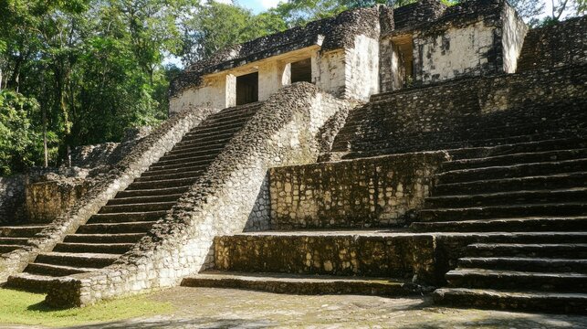 Ancient Mayan Ruins Amidst Lush Greenery in a Remote Tropical Landscape