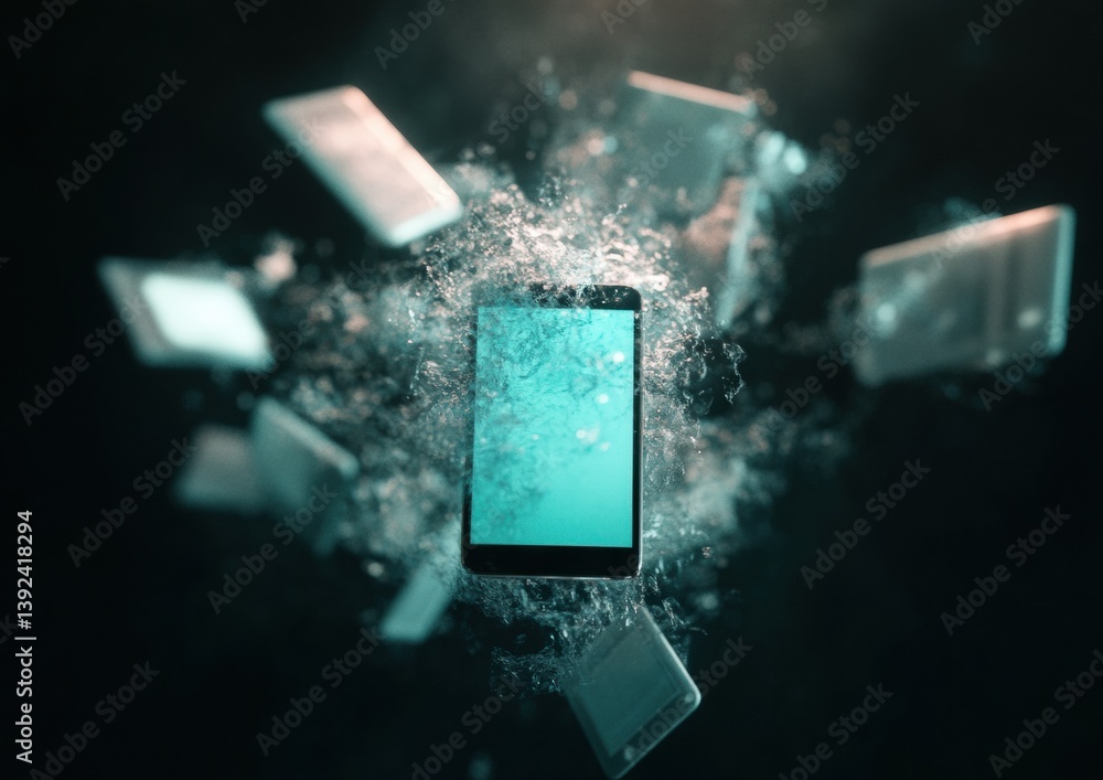 Poster Digital Disruption Immersive Tech Explosion - Gen Z Cyberpunk Aesthetic Visualizing Smartphone Data Fragmentation and Sensory Overload in Mixed Reality