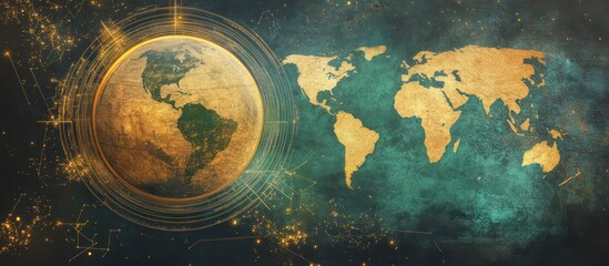 Naklejka premium Global connectivity concept with world map, network lines and sparkling nodes design