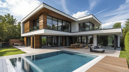 Fototapeta premium Modern home with wooden accents and pool, surrounded by greenery