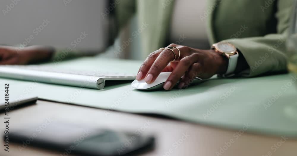 Poster search, click and hand of woman with mouse for internet, company research and website on computer. c