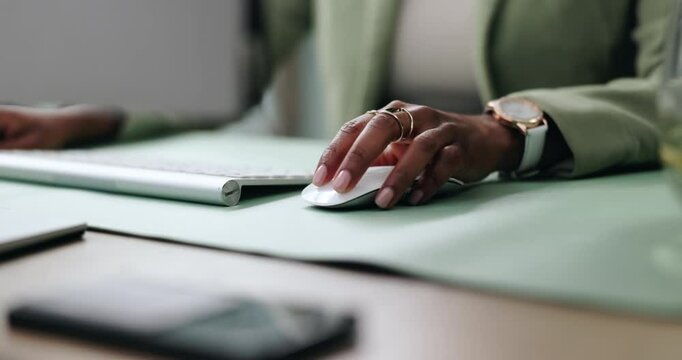 Search, click and hand of woman with mouse for internet, company research and website on computer. Corporate, office and person with wireless tech for administration, information and productivity