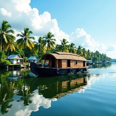 Obraz premium Houseboat floating on still waters of Alappuzha backwaters, still waters, boats