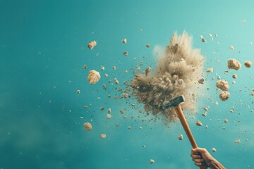Hammer strikes rock creating dust and debris in a clear blue sky during midday outdoor construction activity