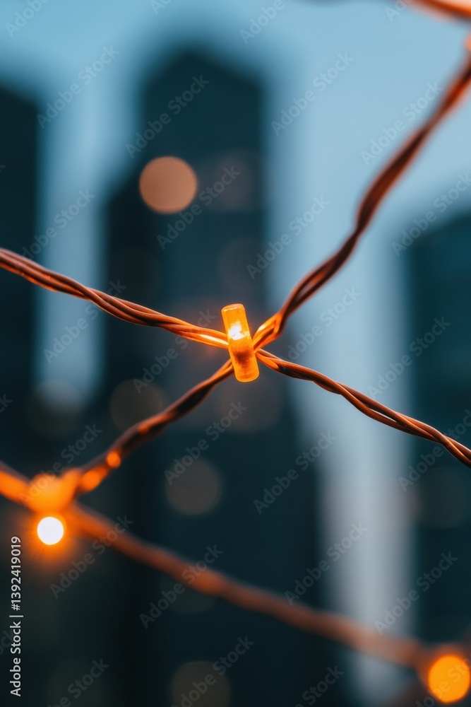 Poster Urban Luminescence Minimalist String Light Connectivity Revealing Digital Age Aesthetic with Soft Bokeh City Backdrop - Modern Ambient Visualization