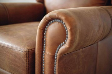 close up of a old leather arm chair classic style with stitching