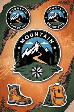 Mountain expedition stickers showing hiking boots, backpack and compass for wilderness adventure