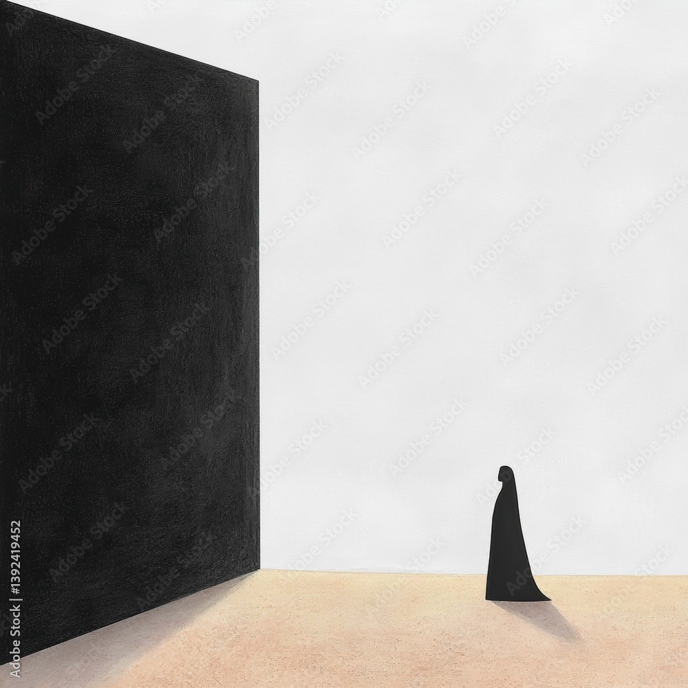 Poster a solitary figure in black stands before a large black wall, creating a stark contrast against a lig