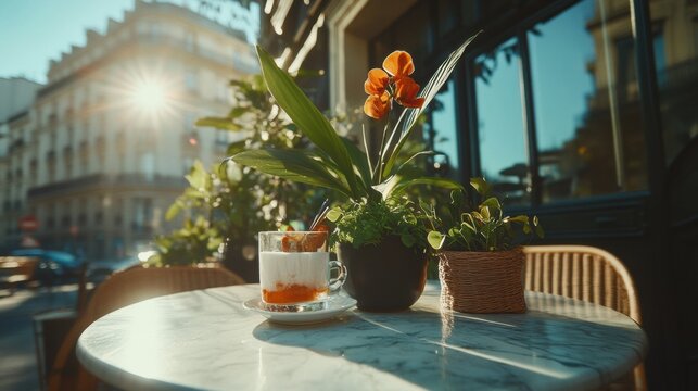 Parisian Slow Living Aesthetic Sunlit Marble Cafe Table with Artisan Coffee, Vibrant Botanicals and Urban Wellness Micro-Moment in Classic European Setting