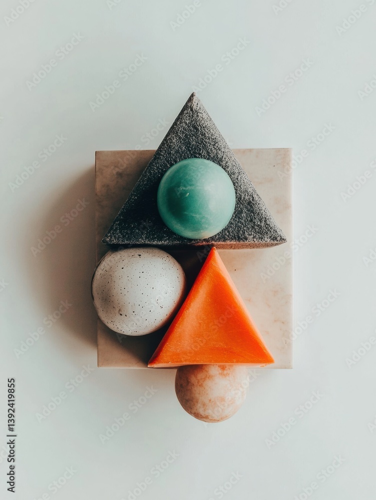 Poster geometric minimalism abstract sculptural composition with textured triangles and spheres - innovativ