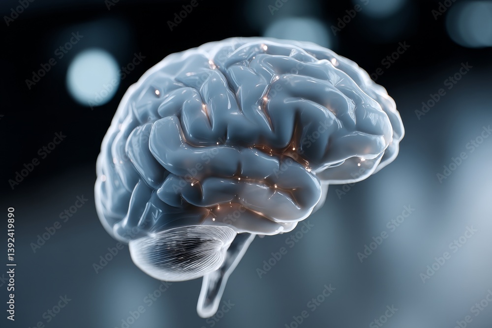 Poster a 3d rendering of an abstract blue polygonal brain hologram set against a blurry wallpaper, symboliz