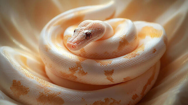 Pale snake coiled gracefully on shimmering fabric its skin a delicate blend of white and gold.